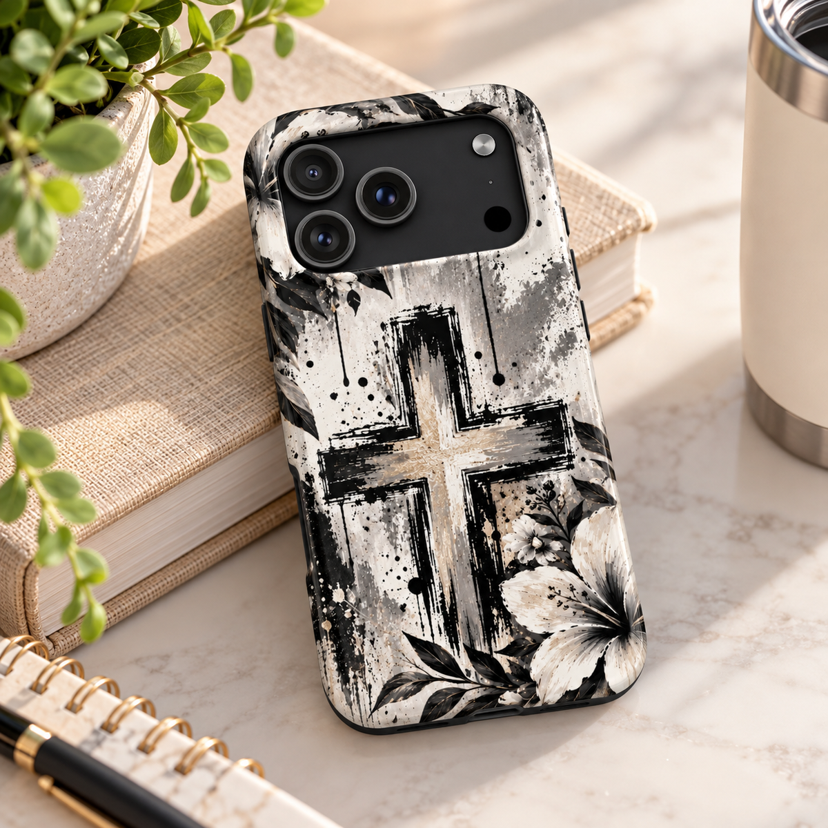 Black & White Floral Cross Christian Phone Case | Faith-Inspired Protective iPhone Case