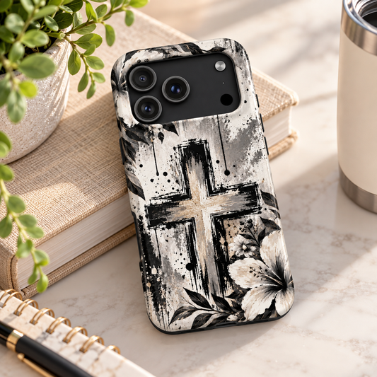 Black & White Floral Cross Christian Phone Case | Faith-Inspired Protective iPhone Case
