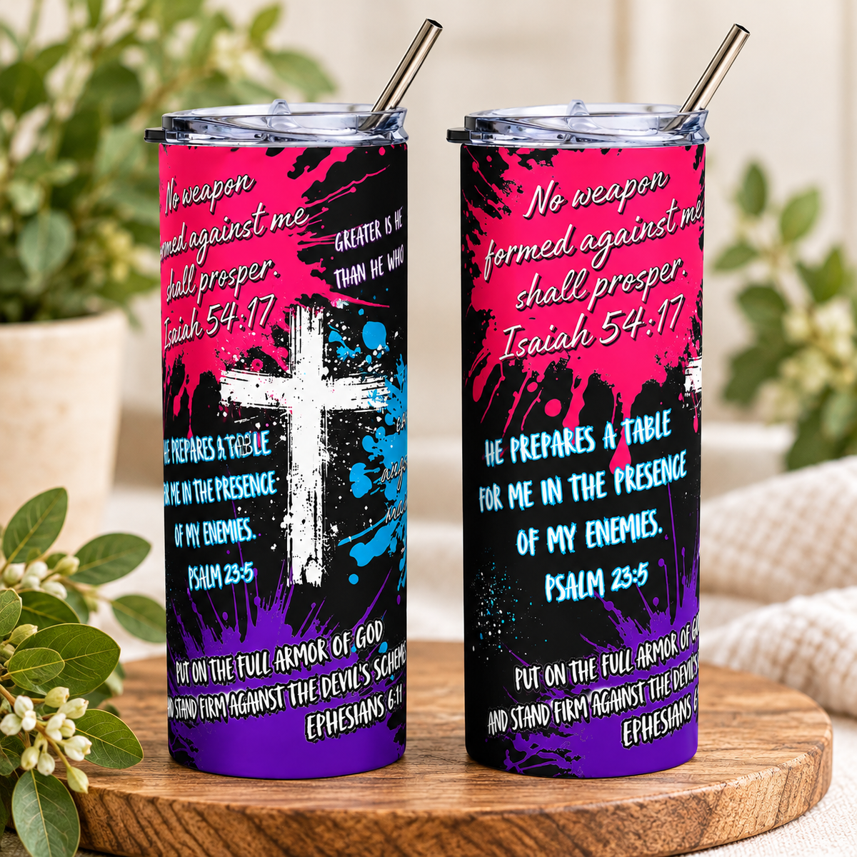 20 oz Christian Bible Verse Tumbler with Straw - God's Protection Scriptures & Cross Design