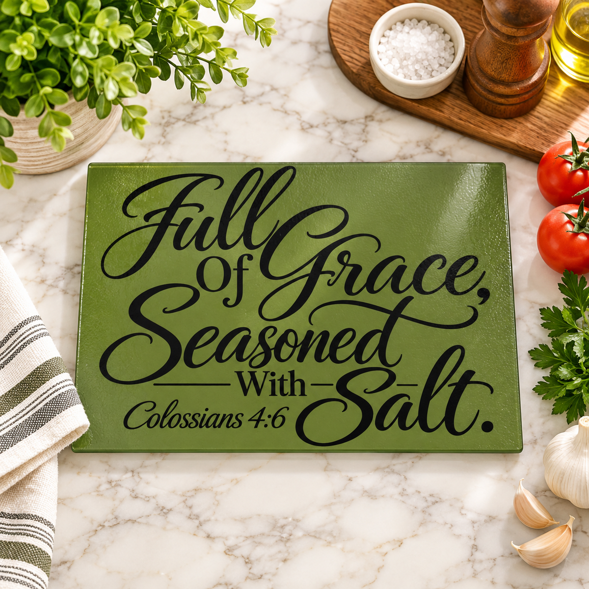 Full of Grace, Seasoned with Salt Glass Cutting Board | Olive Green Christian Kitchen Decor | Colossians 4:6