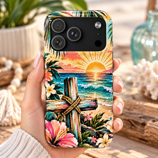 Tropical Cross Christian Phone Case | Beach Sunset & Floral Faith-Inspired Protective Case