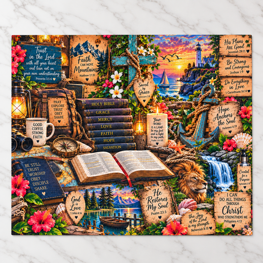 Completed Christian Scripture jigsaw puzzle displaying Bible verses, a lion, cross, lighthouse, ocean sunset, and colorful faith-inspired artwork.