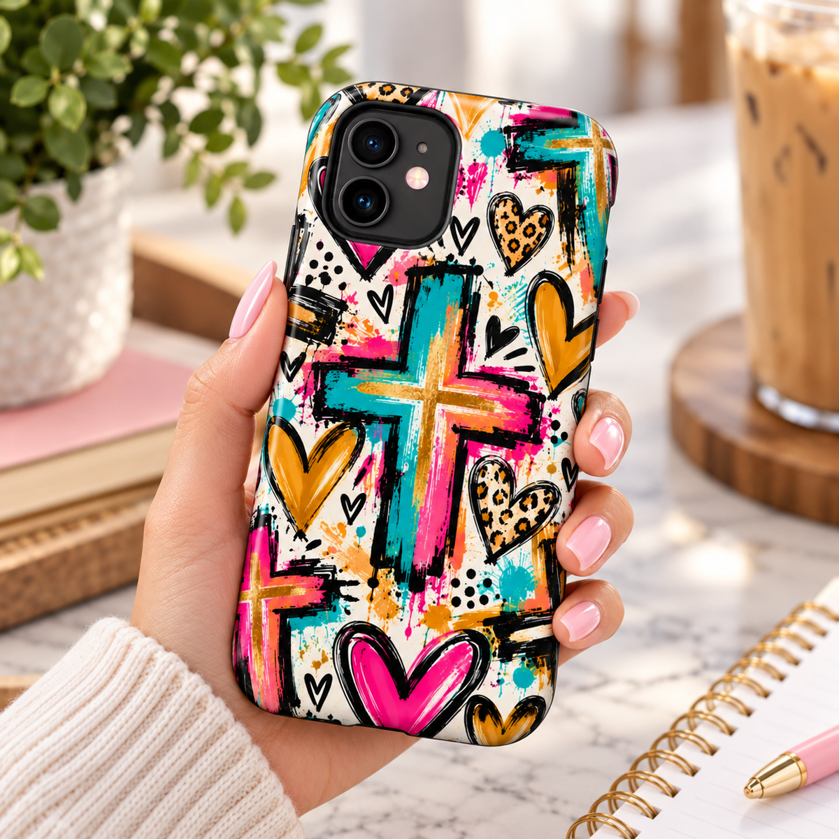 Jesus Cross & Hearts Christian Phone Case | Colorful Faith-Inspired Protective Case for iPhone & Samsung Galaxy