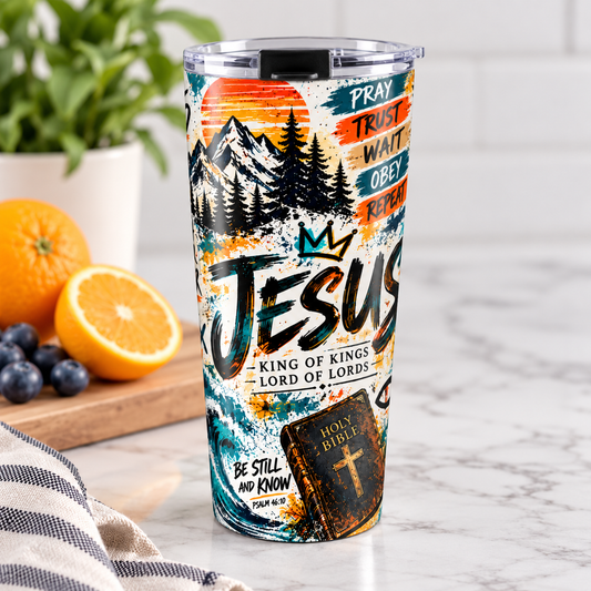 Jesus King of Kings 20oz Christian Tumbler | Colorful Faith-Inspired Travel Cup with Bible Verses