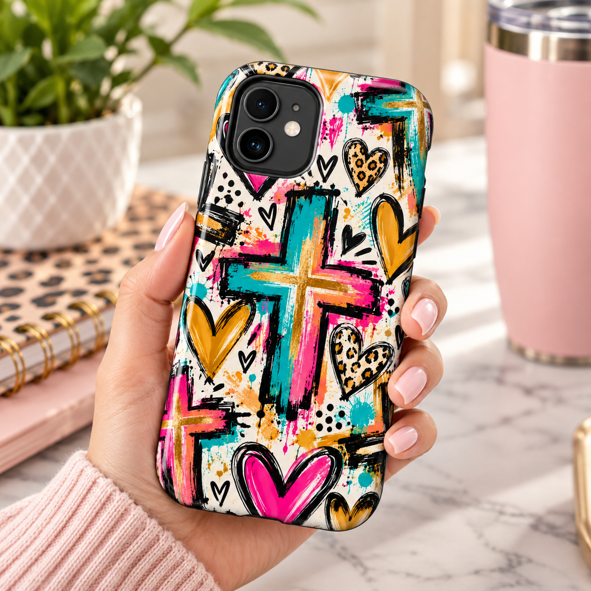 Jesus Cross & Hearts Christian Phone Case | Colorful Faith-Inspired Protective Case for iPhone & Samsung Galaxy