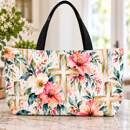 Watercolor Floral Cross Christian Tote Bag | Faith-Inspired Large Carryall