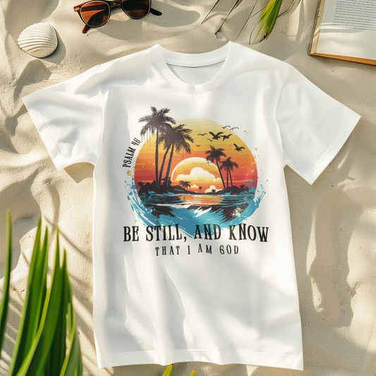 Sunset Vibe Tee - Be Still and Know Bible Verse, Unisex Short Sleeve Shirt, Beachwear, Gift for Christians, Relaxing Apparel