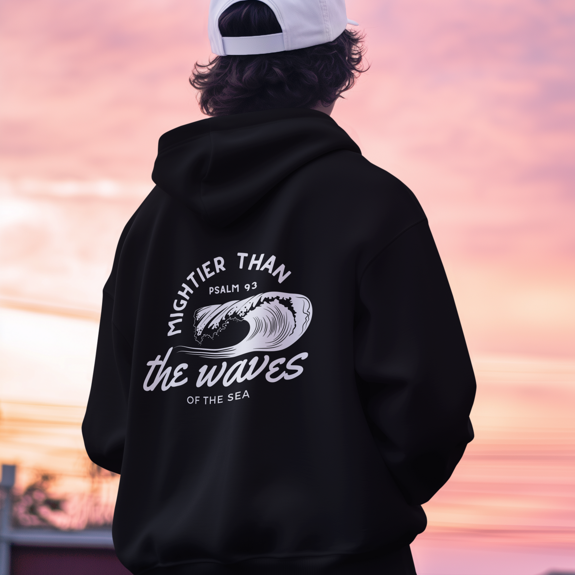 Psalm 93 'Mightier Than The Waves' Bible Verse Full Zip Hoodie | Christian Zip-Up Sweatshirt, Faith-Based Clothing, Scripture Hoodie. Black Hoodie for Christians. 
