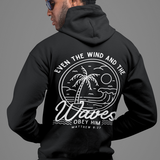 'Even The Wind And The Waves Obey Him' Bible Verse Unisex Hoodie | Beach-Themed Christian Hooded Sweatshirt, Faith-Based Apparel