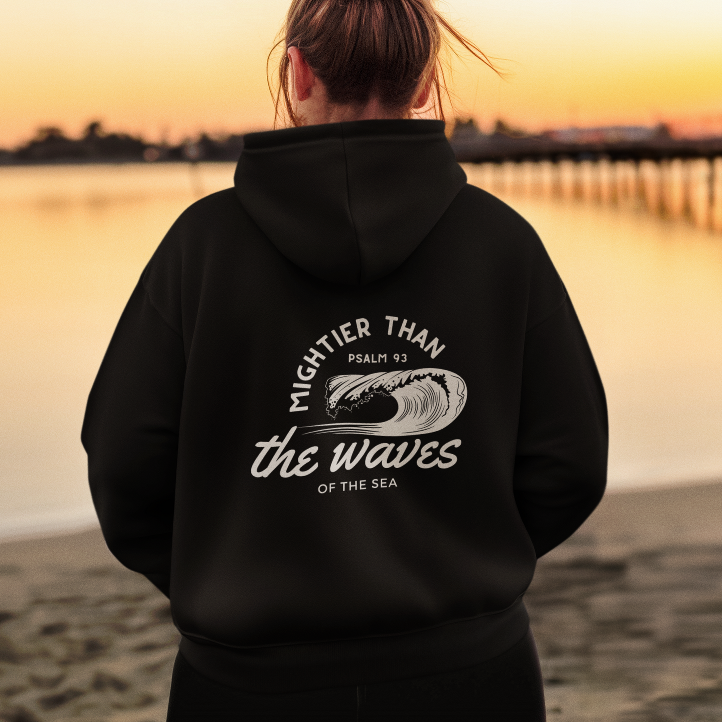 Psalm 93 'Mightier Than The Waves' Bible Verse Full Zip Hoodie | Christian Zip-Up Sweatshirt, Faith-Based Clothing, Scripture Hoodie. Black Hooded Sweatshirt
