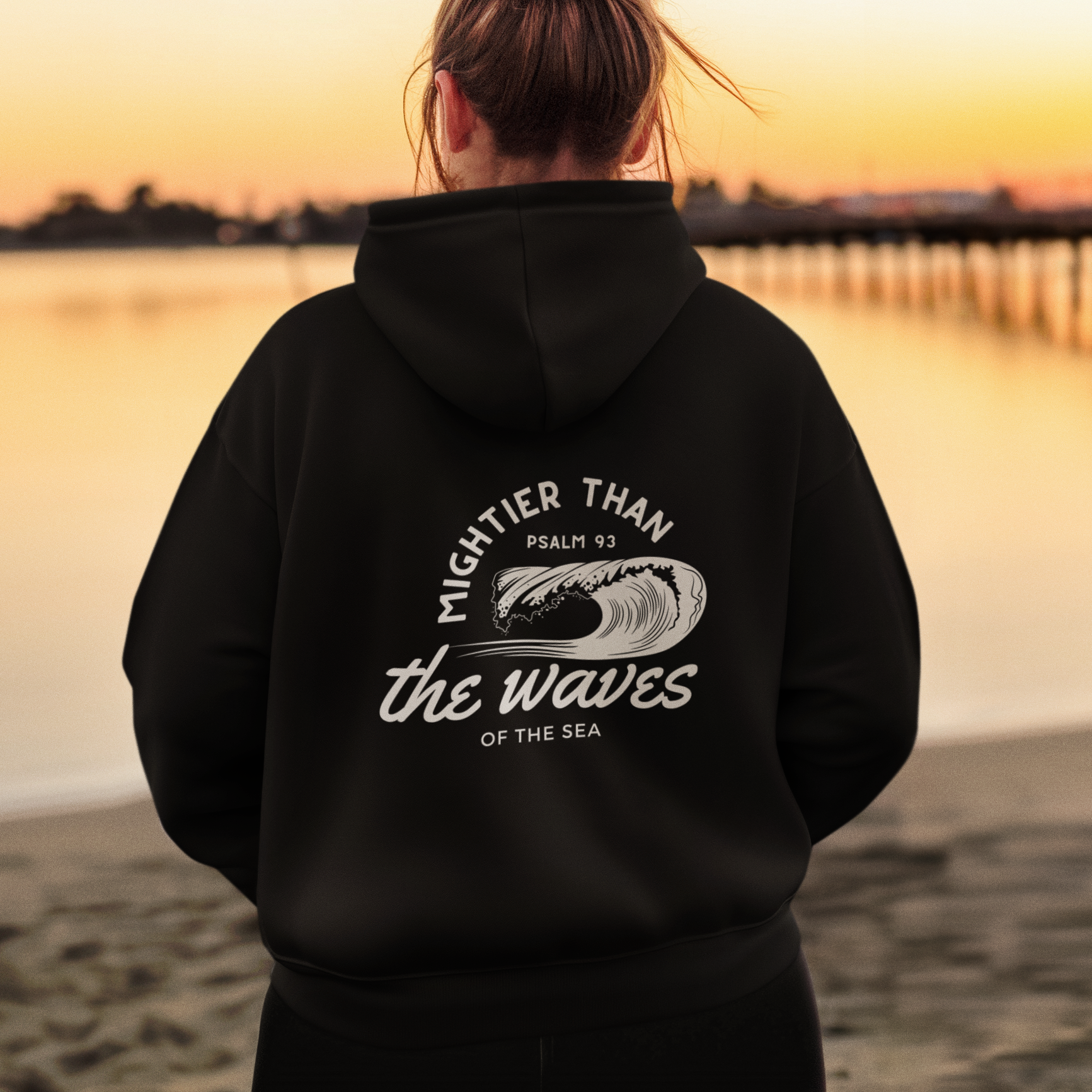 Psalm 93 'Mightier Than The Waves' Bible Verse Full Zip Hoodie | Christian Zip-Up Sweatshirt, Faith-Based Clothing, Scripture Hoodie. Black Hooded Sweatshirt
