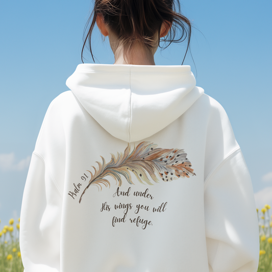 Psalm 91:4 Under His Wings You Will Find Refuge Heavyweight Sweatshirt, Feather Design For Women, Beautiful Christian Apparel