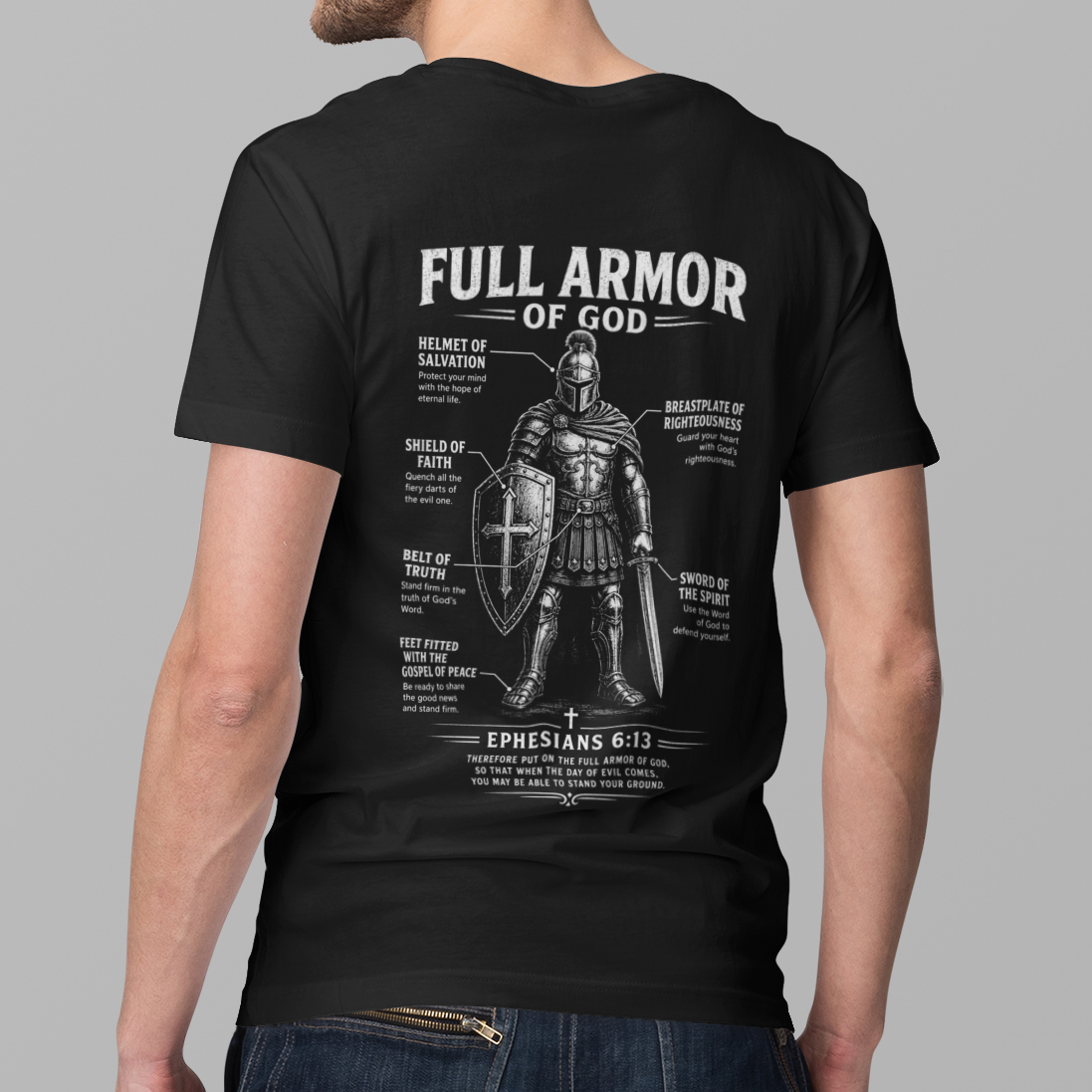 Full Armor of God Christian T-shirt featuring Ephesians 6:13. Vintage armor illustration designed to inspire faith, courage, and daily spiritual strength.