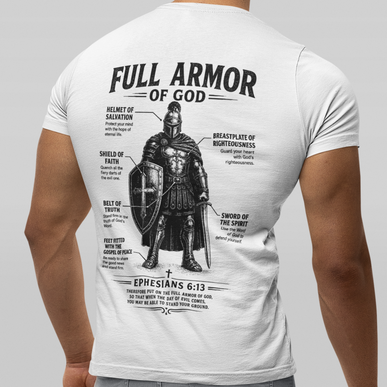 Full Armor of God Christian T-shirt featuring Ephesians 6:13. Vintage armor illustration designed to inspire faith, courage, and daily spiritual strength.