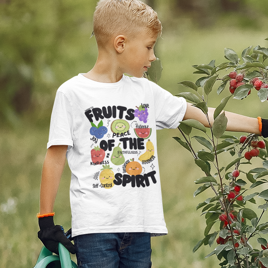'Fruits of the Spirit' Kids Christian T-Shirt, Youth Bible Verse T-Shirt (Peace, Joy, Kindness)