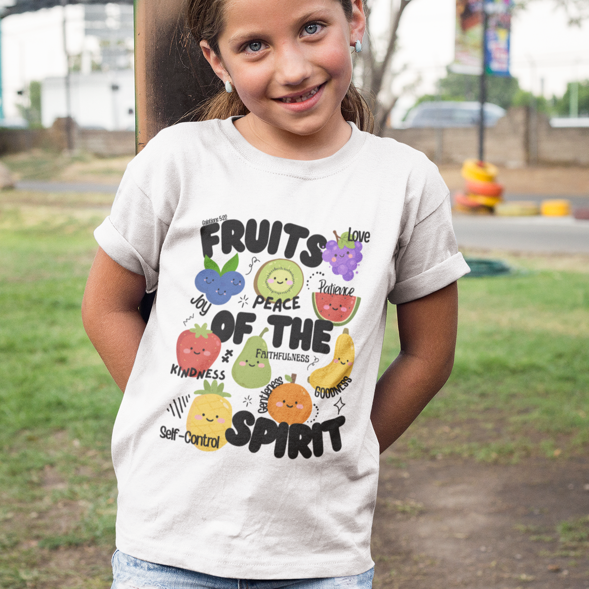 'Fruits of the Spirit' Kids Christian T-Shirt, Youth Bible Verse T-Shirt (Peace, Joy, Kindness)