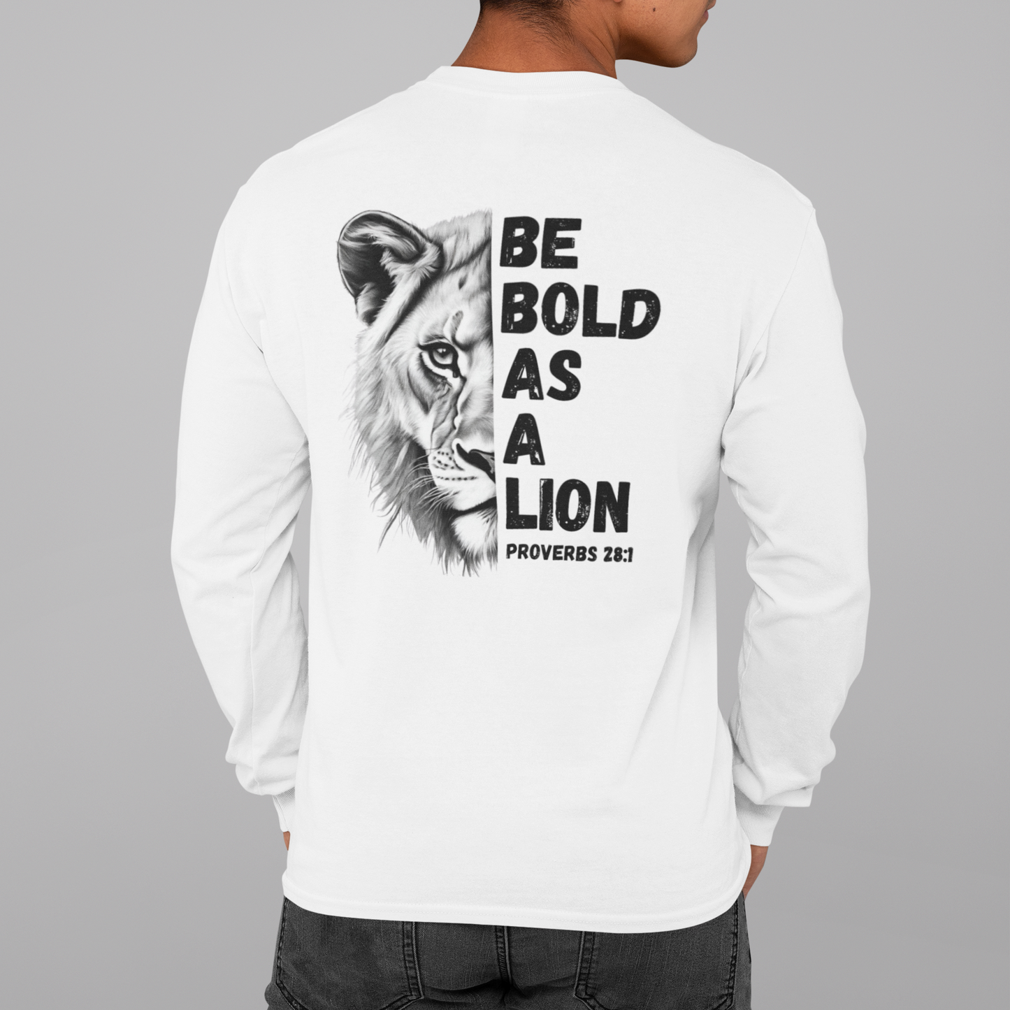 Be Bold As A Lion Christian Proverbs Tee. Bible Verse Lion T-Shirt. Unisex Jersey Long Sleeve Tee. Cross bible verse tee for men and women. 