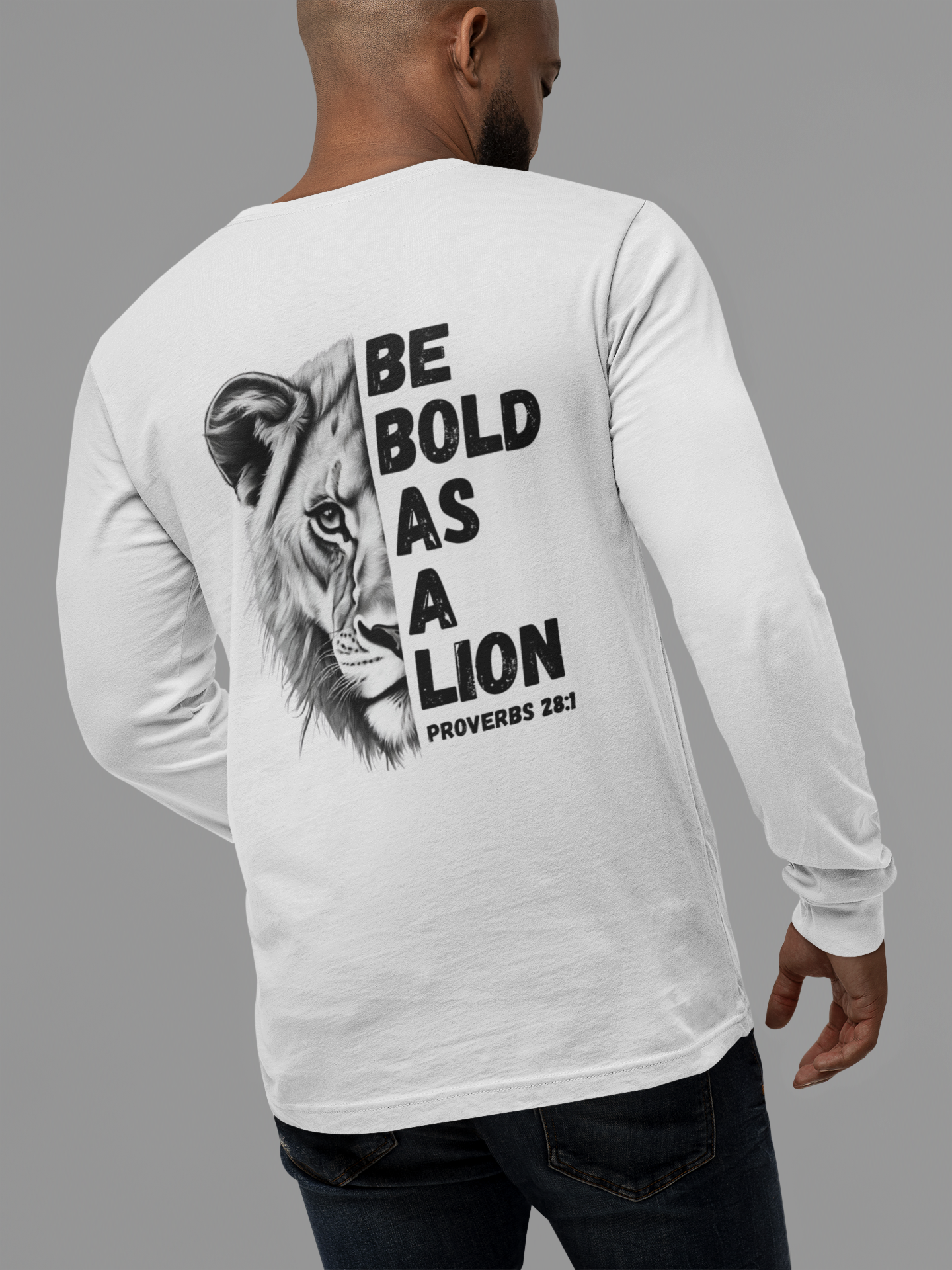 Be Bold As A Lion Christian Proverbs Tee. Bible Verse Lion T-Shirt. Unisex Jersey Long Sleeve Tee. Cross bible verse tee for men and women. 