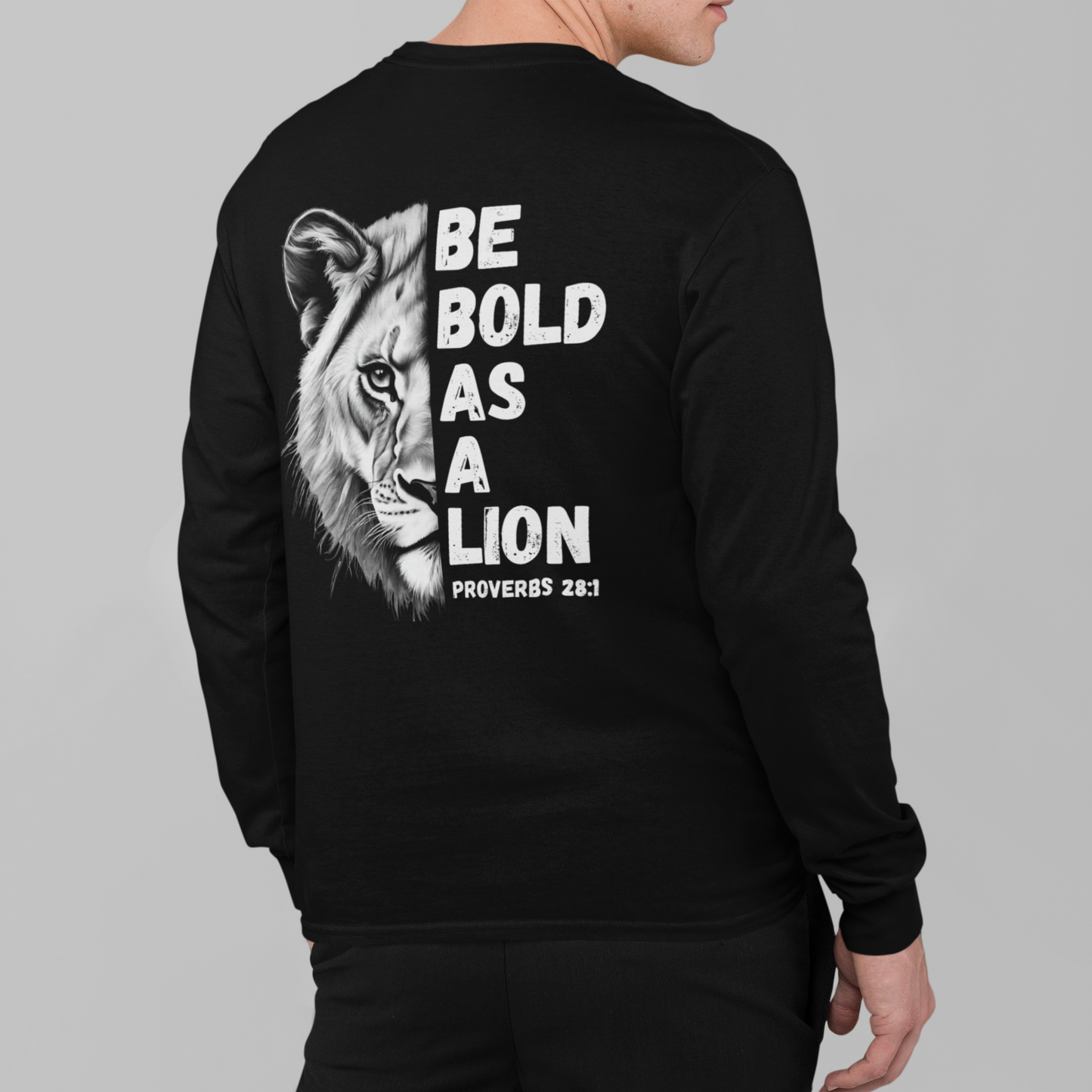 Be Bold As A Lion Christian Proverbs Tee. Bible Verse Lion T-Shirt. Unisex Jersey Long Sleeve Tee. Cross bible verse tee for men and women. 