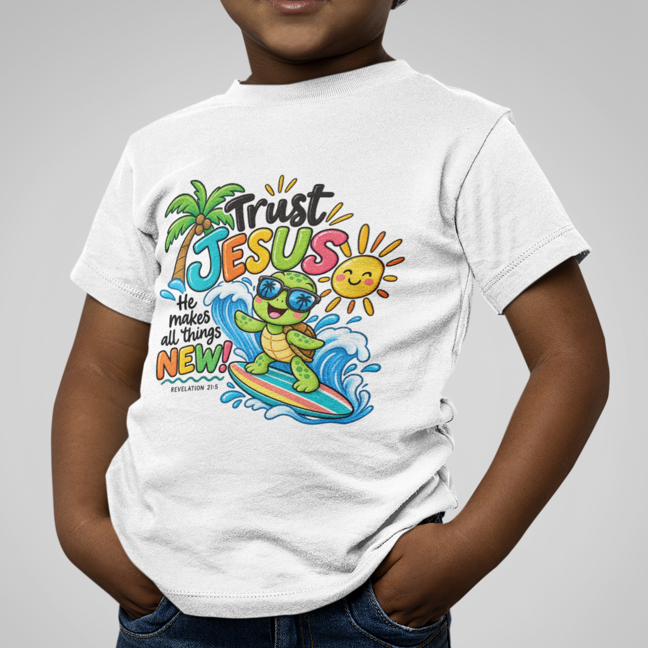 Trust Jesus Toddler T-Shirt | Revelation 21:5 Christian Surf Turtle Tee | Faith-Based Little Kids Shirt