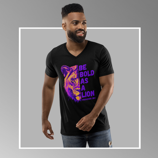 Short Sleeve V-Neck T-Shirt. Be Bold As A Lion Christian Bible Verse Graphic Tee