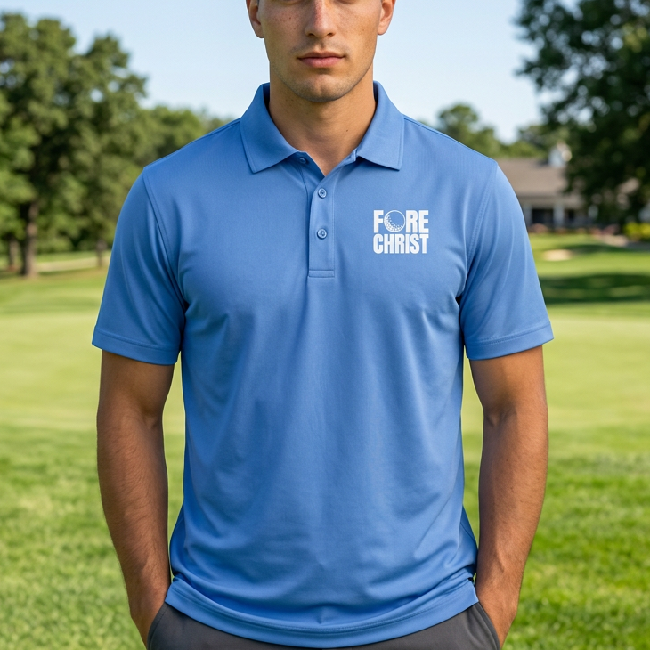 Man wearing a blue polo shirt with a fore christ design on a golf course