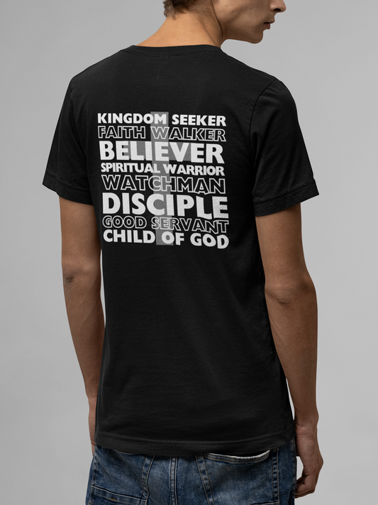 Kingdom Seeker, Faith Walker, Believer, Spiritual Warrior, Watchman, Disciple, Good Servant, Child Of God. This gorgeous Christian crew neck t-shirt has a large faith based design on the back with a cross behind the various names for Children of God. With a subtle cross design on the front, you can wear your faith boldly with this Cataldo Creations short sleeve tee! 