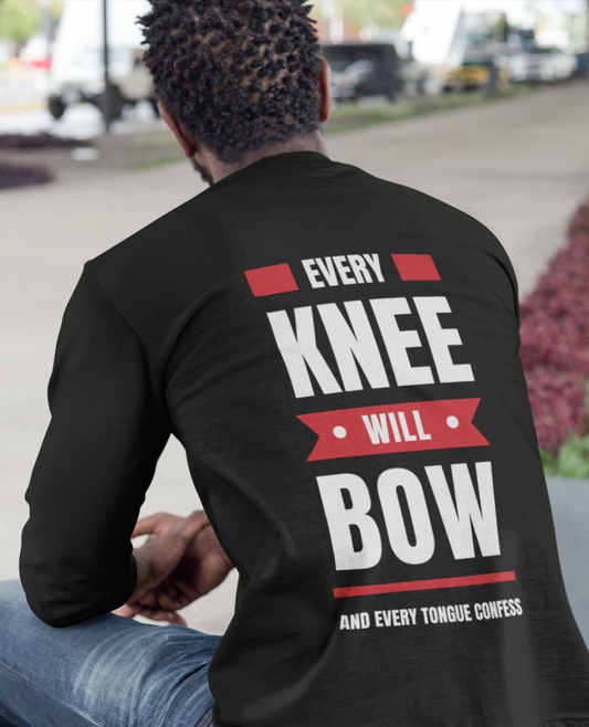 Long Sleeve Christian T-Shirt. Every Knee Will Bow Jesus Tee