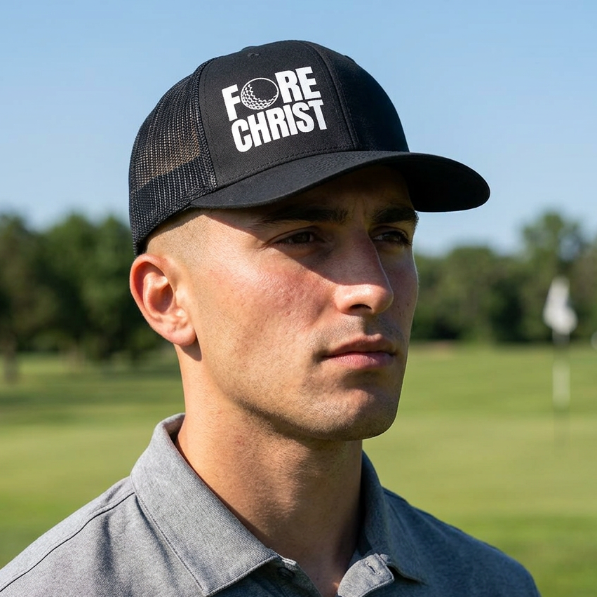 Fore Christ Trucker Hat For Golfers - Snapback Golf Hat for Christians