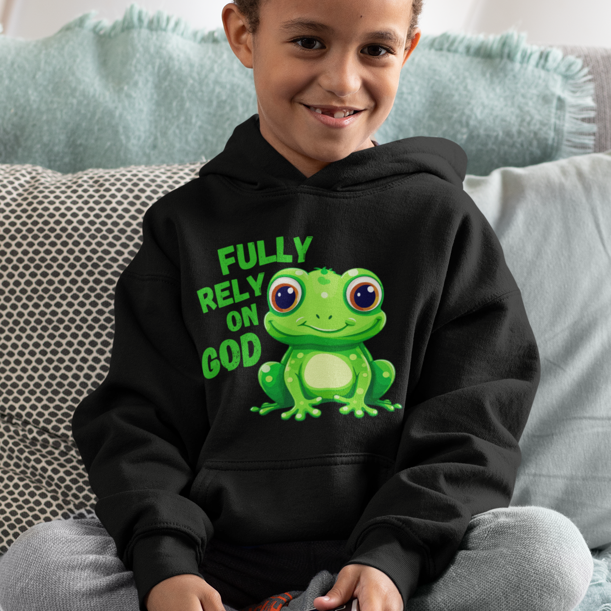 Fully Rely on God Toddler Hoodie - Adorable Frog Design, Christian Toddler Hoodies For Boys and Girls