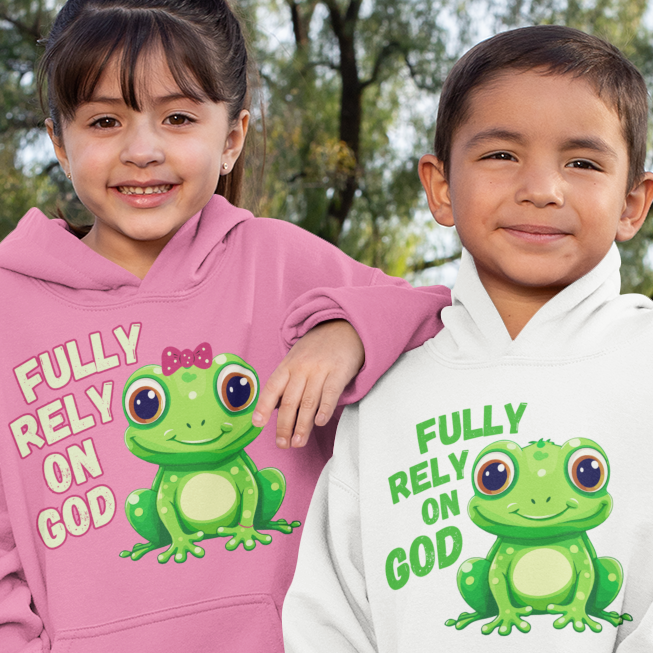 Fully Rely on God Toddler Hoodie - Adorable Frog Design, Christian Toddler Hoodies For Boys and Girls