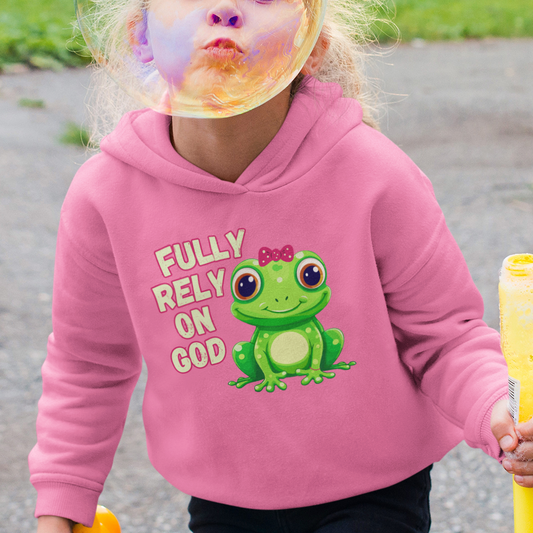 Fully Rely on God Toddler Hoodie - Adorable Frog Design, Christian Toddler Hoodies For Boys and Girls