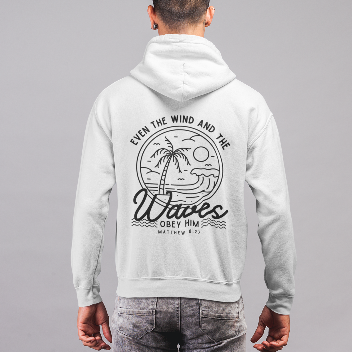 Even The Wind And The Waves Obey Him Full Zip Hoodie,  Christian Bible Verse Ocean Zip Up Hooded Sweatshirt