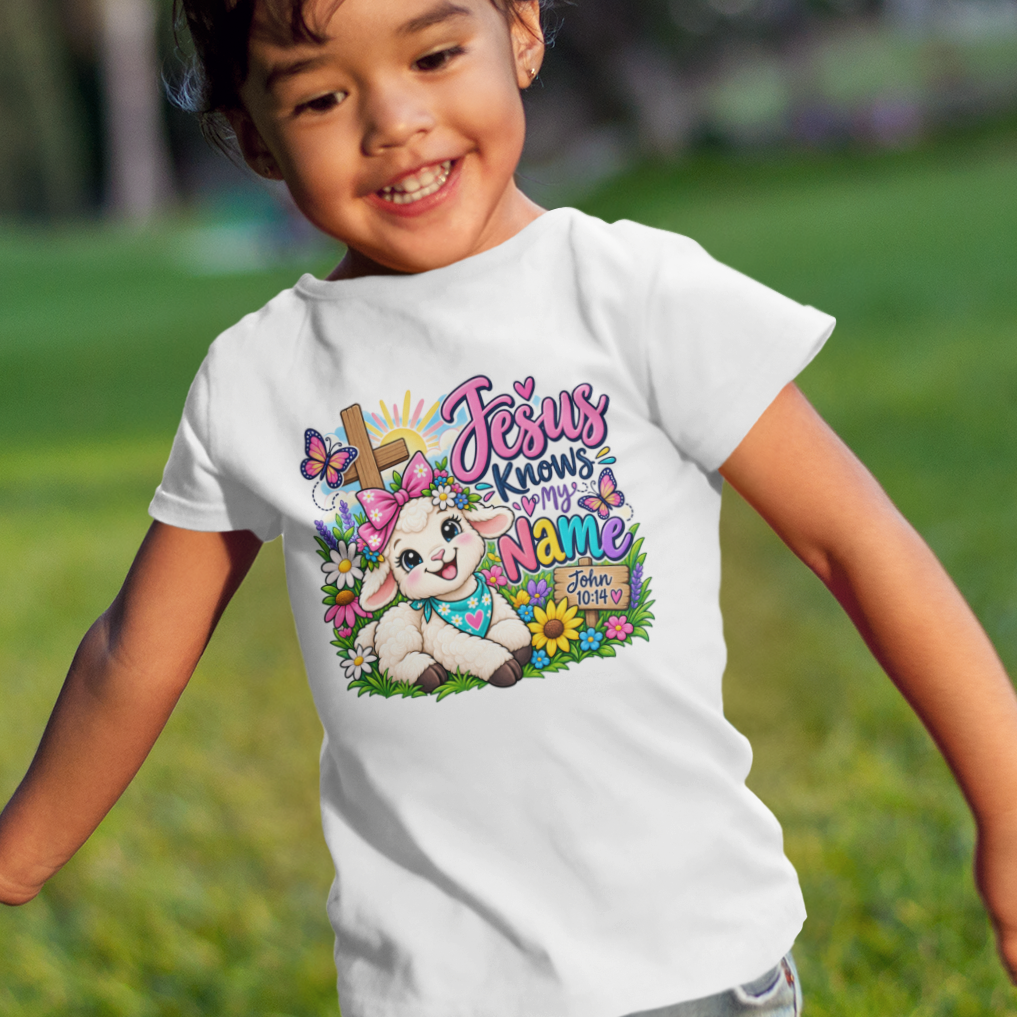 Jesus Knows My Name Christian Toddler T-Shirt | John 10:14 Lamb Bella+Canvas Tee | Faith-Based Little Kids Shirt