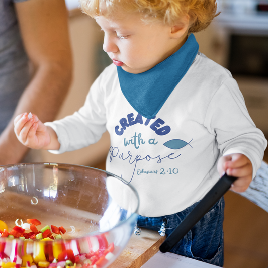 Christian Toddler Boy Created With A Purpose Christian Bible Verse Long Sleeve Tee. Jesus Fish tee