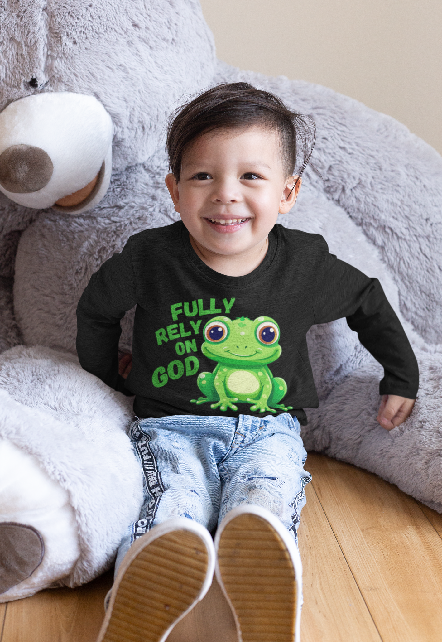 FROG. Fully Rely On God. This cute toddler long sleeve t-shirt has an adorable green frog with the words Fully Rely On God in green.  Perfect for your Christian toddler!