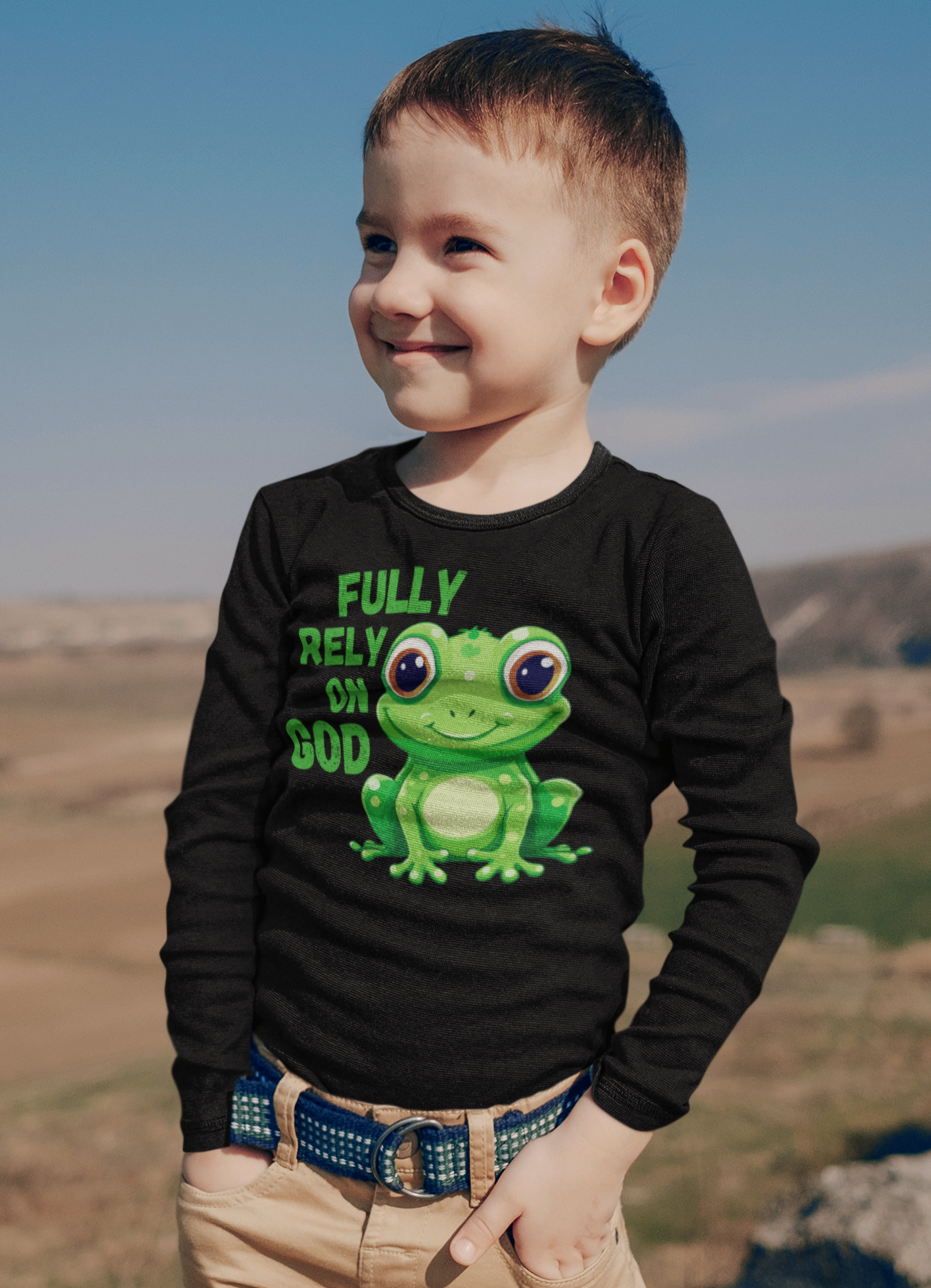 FROG. Fully Rely On God. This cute toddler long sleeve t-shirt has an adorable green frog with the words Fully Rely On God in green.  Perfect for your Christian toddler!