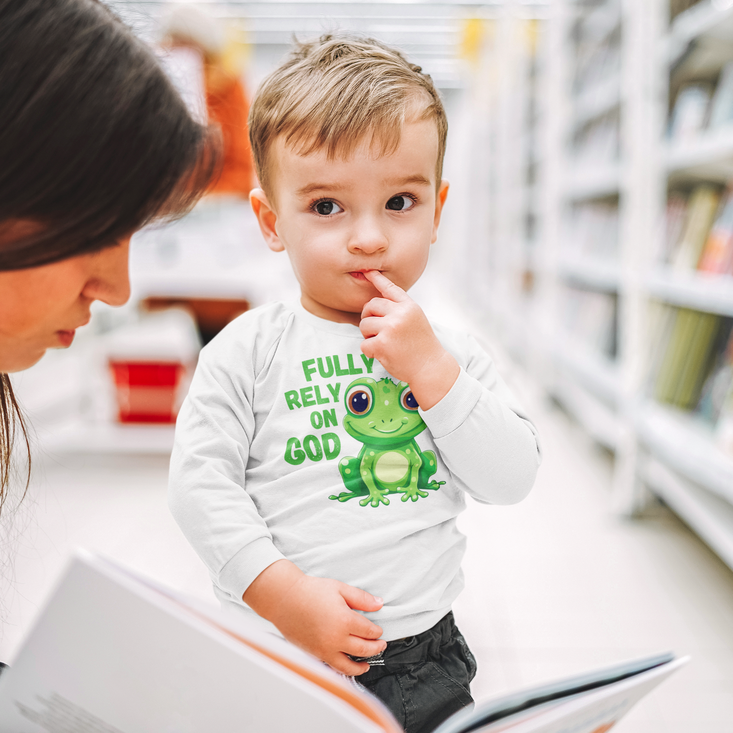 FROG. Fully Rely On God. This cute toddler long sleeve t-shirt has an adorable green frog with the words Fully Rely On God in green.  Perfect for your Christian toddler!