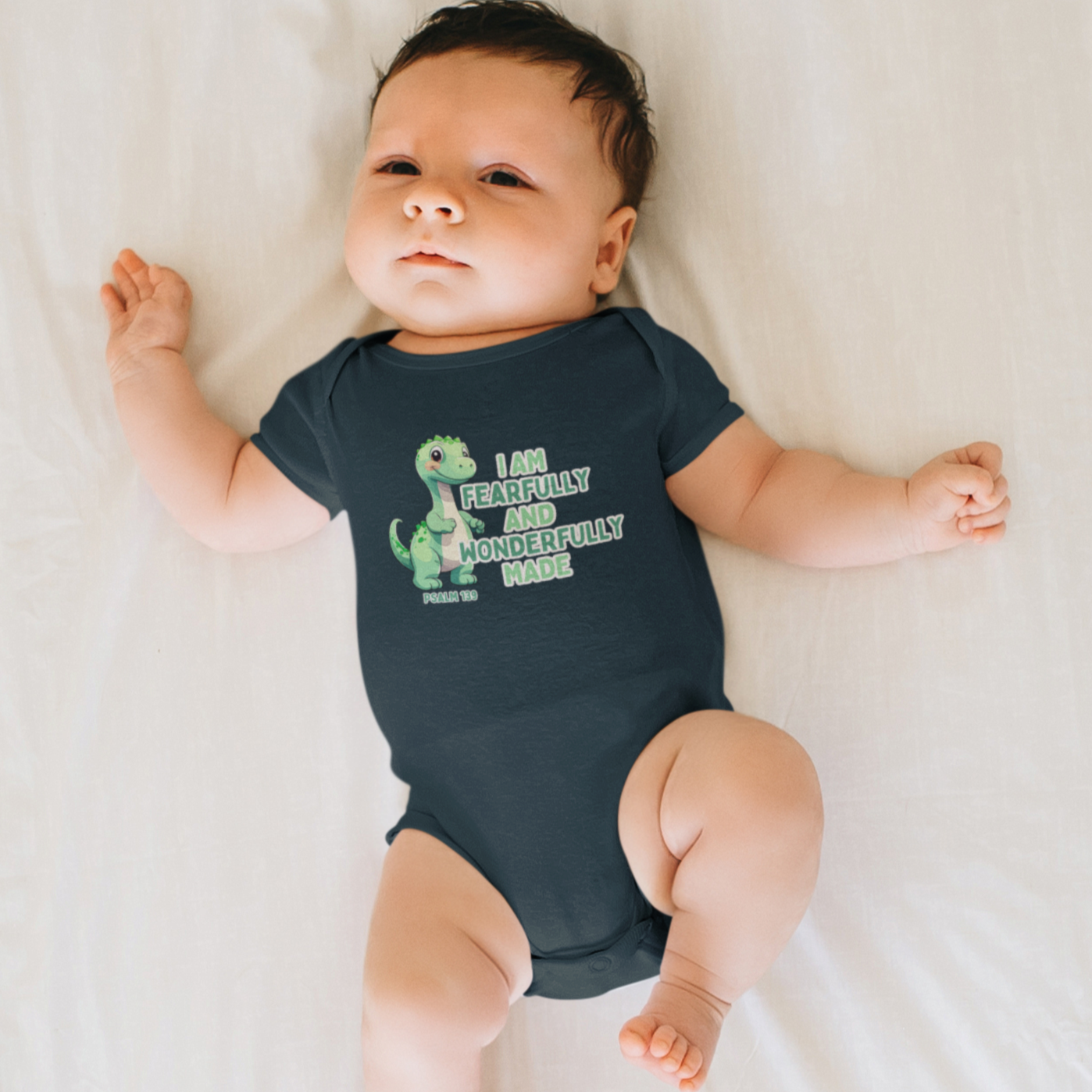 Fearfully and Wonderfully Made Dinosaur Baby Boy Bodysuit | Psalm 139:14 Christian Infant Onesie | Cute Dino Baby Outfit
