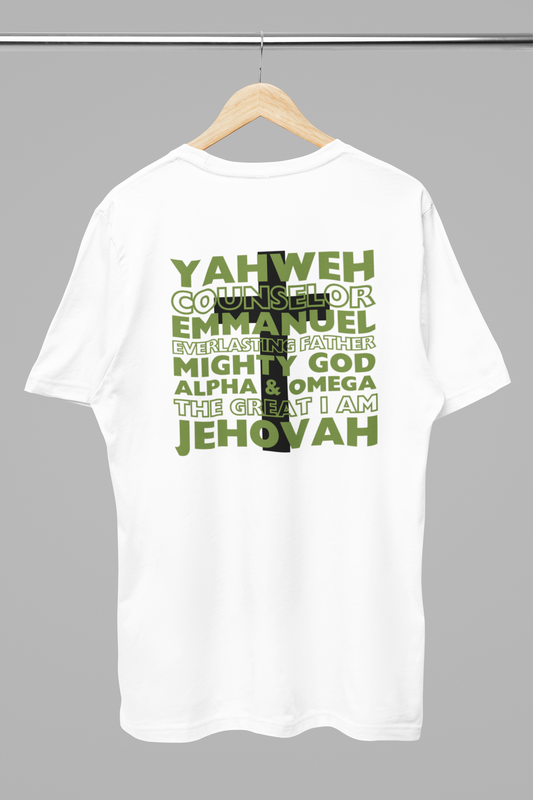 YAHWEH. Counselor. Emmanuel. Everlasting father. Mighty God. Alpha and Omega. THE GREAT I AM. Jehovah.  The Names of God. This gorgeous Christian t-shirt has a large faith based design on the back with a cross behind some of the many names of God. With a small cross on the front chest pocket area, you can wear your faith and be bold for God. 