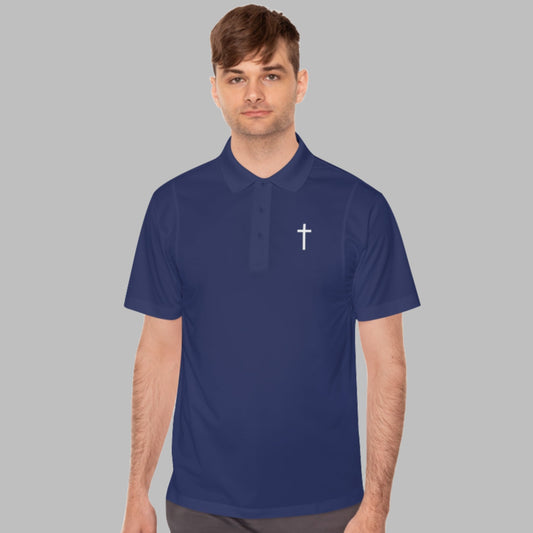 Meet the Cataldo Creations Cross Golf Polo for men. This lightweight, fast drying athletic polo is a perfect conversation starter on the course. With a small cross on the front chest, this design is simple and timeless. Christian golfer. Christian athletic apparel. Faith based apparel.