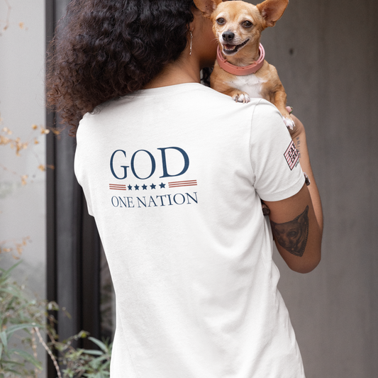 One Nation Under God, 1776 Patriotic tee for men and women. This Cataldo Creations patriot t-shirt has 1776 on the front chest pocket area and One Nation Under God on the back. Show your patriotism with this American Patriot short sleeve tee.