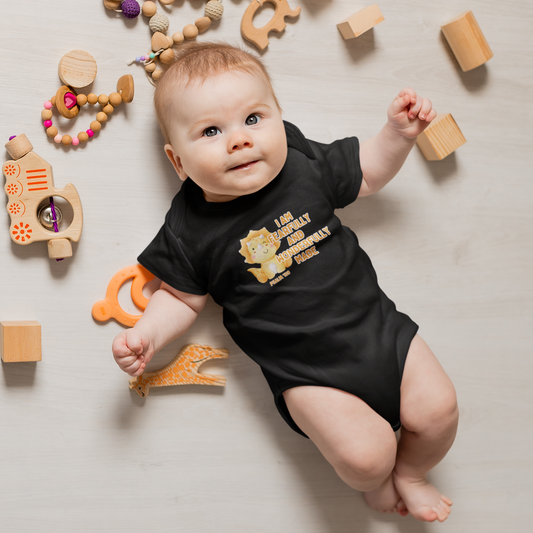 Experience the cuteness overload with our Fearfully Made Yellow Dinosaur Infant Onesie. Adorably designed for newborns, this onesie features a yellow dinosaur print and a powerful reminder from Psalm 139:14 - "I am fearfully and wonderfully made." Instill confidence and love in your little one with this unique onesie. Cataldo Creations