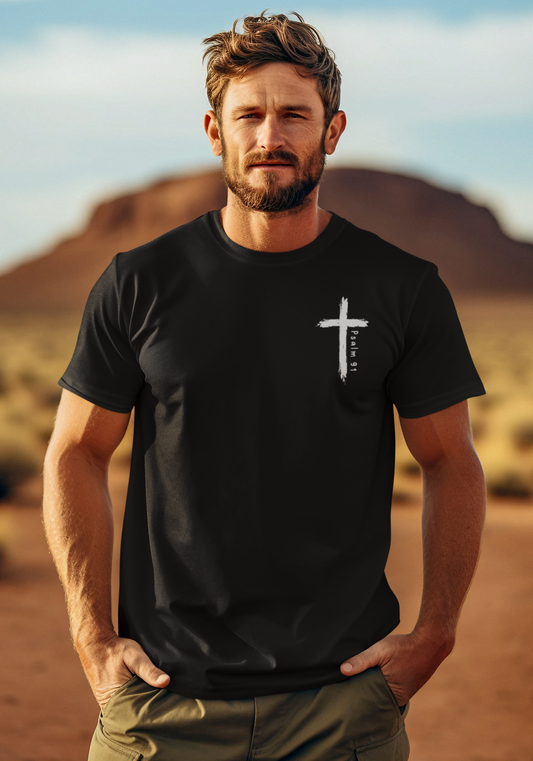 Psalm 91 Men's Christian Bible Verse Short Sleeve Tee. Scripture T-shirt For Men. Gospel Shirt. Christian Men's God's Protection T-Shirt.