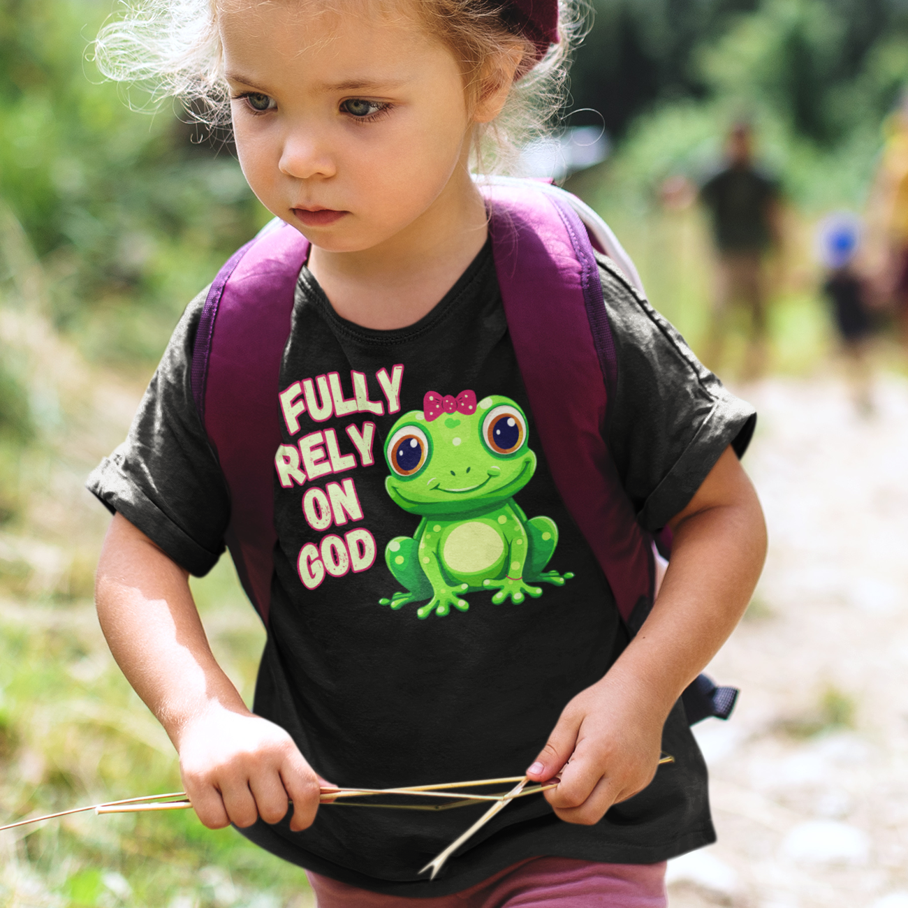 Fully Rely on God Toddler Girl T-Shirt | Christian Frog Tee | Faith-Based Little Girls Shirt