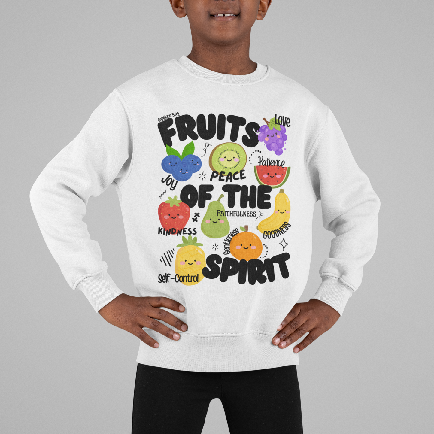 Kids 'Fruits of the Spirit' Crewneck Sweatshirt – Cute Christian Youth Bible Verse Design