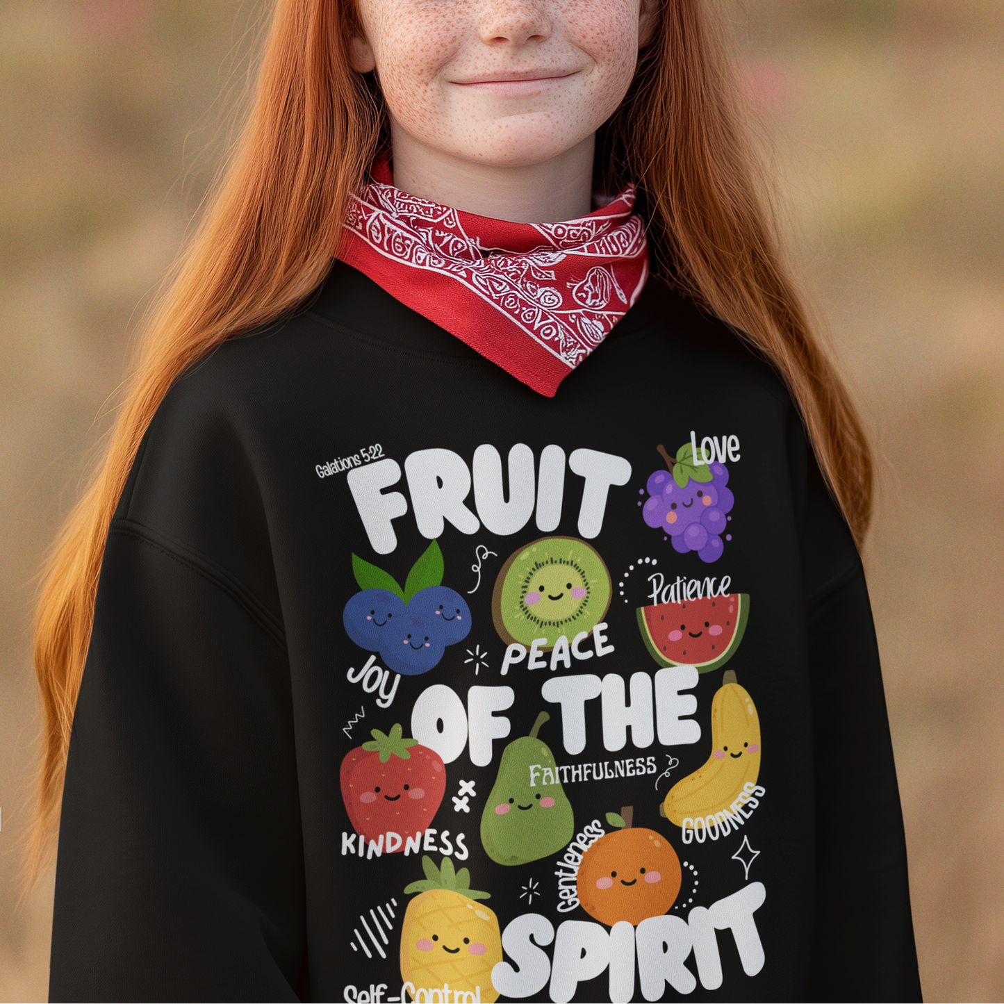 Kids Fruit of the Spirit Christian Crewneck Sweatshirt | Galatians 5:22–23 Youth Bible Verse Sweatshirt