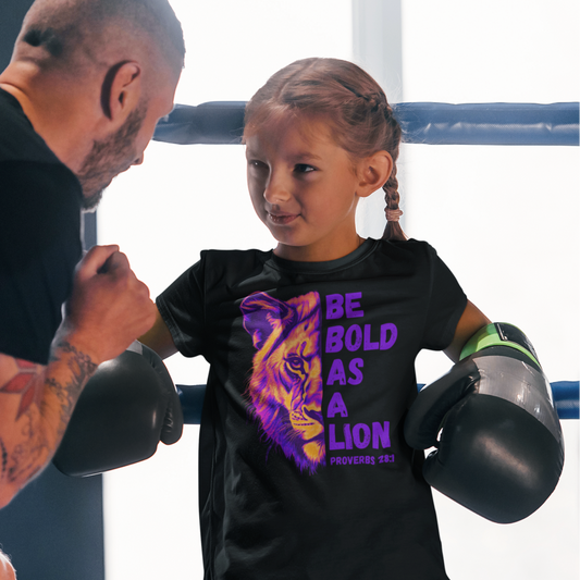 Kids Be Bold As A Lion Bible Verse Short Sleeve Tee. Purple Design