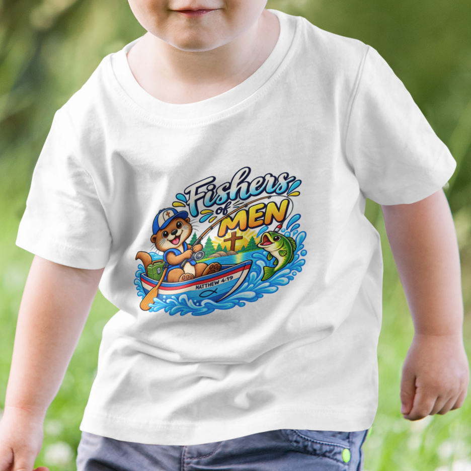 Fishers of Men Christian Toddler T-Shirt | Matthew 4:19 Otter Fishing Tee | Faith-Based Little Kids Clothing