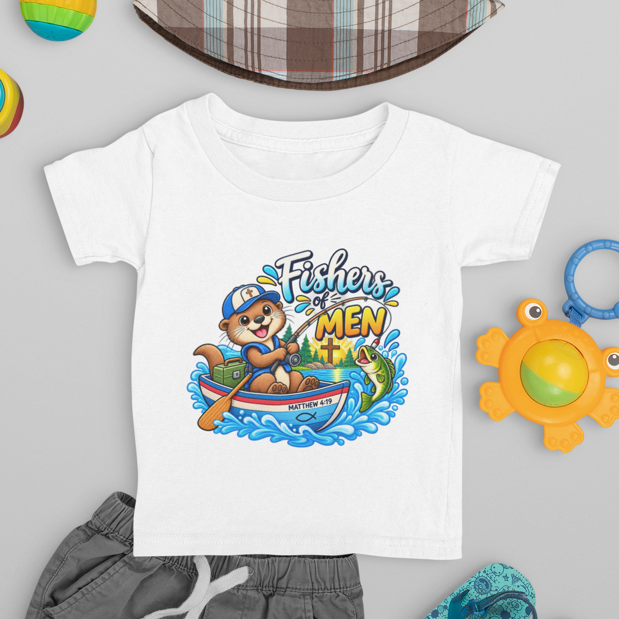 Fishers of Men Christian Toddler T-Shirt | Matthew 4:19 Otter Fishing Tee | Faith-Based Little Kids Clothing